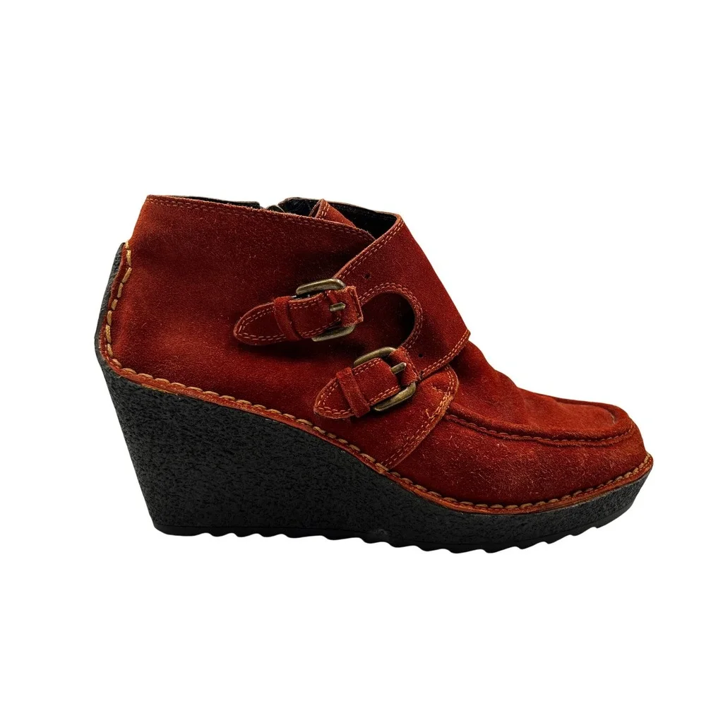 Pons Quintana Wedge‎ Ankle Boots Womens 37 Red Excellent Suede Monk Strap Spain